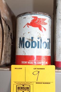 ONE GALLON MOBIL OIL CAN AND ONE QUART METAL OIL CAN WITH TOP CUT OUT