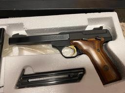 BROWNING 22 LONG RIFLE HAND GUN, SEMI AUTO, 5.5" BULL, WOOD GRIPS, GOLD TRIGGER, 3 CLIPS,