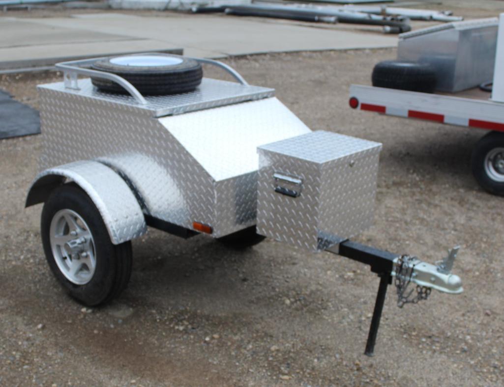 28 1/2" X 46" TWO WHEEL MOTORCYCLE TRAILER, WITH APPROX 12" X 16" DIAMOND PLATE ALUM BOX,