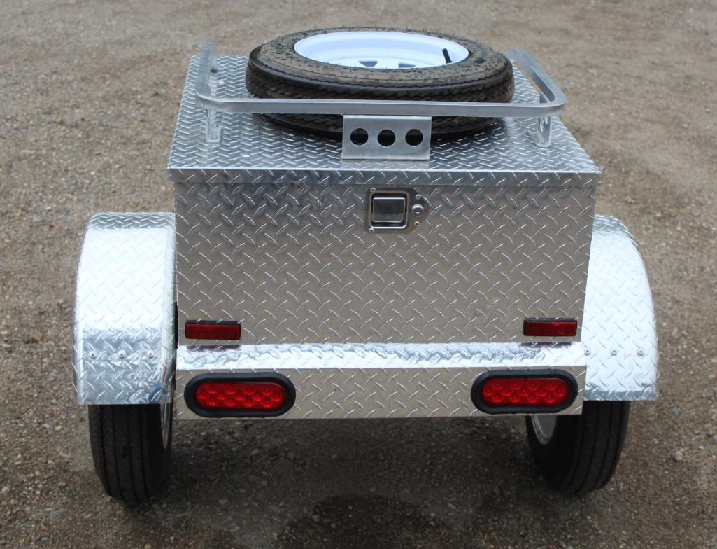 28 1/2" X 46" TWO WHEEL MOTORCYCLE TRAILER, WITH APPROX 12" X 16" DIAMOND PLATE ALUM BOX,