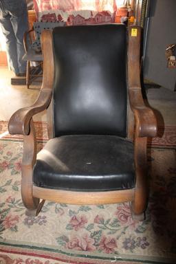 Large Wooden Rocking Chair with Black Leather Seat