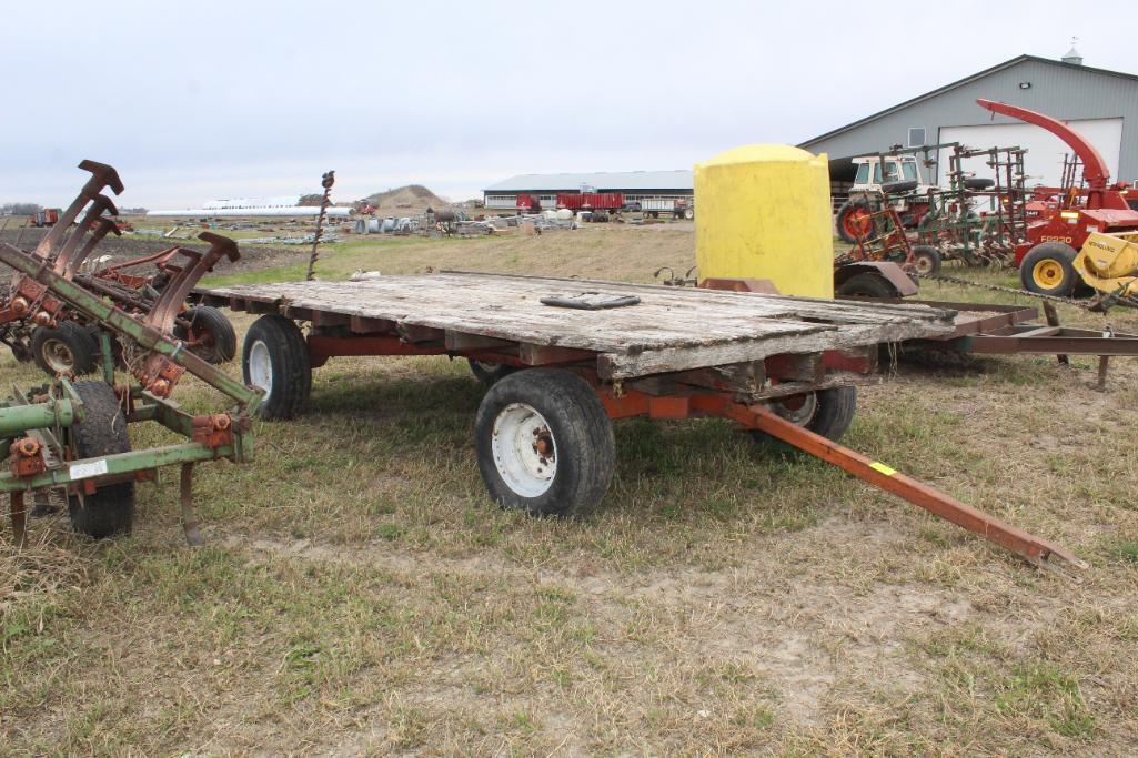 8'X16' FLAT BED WITH HUSKEE 4 WHEEL RUNNING GEAR, 15" FLOATATION TIRES, DECK NEEDS SOME REPAIR