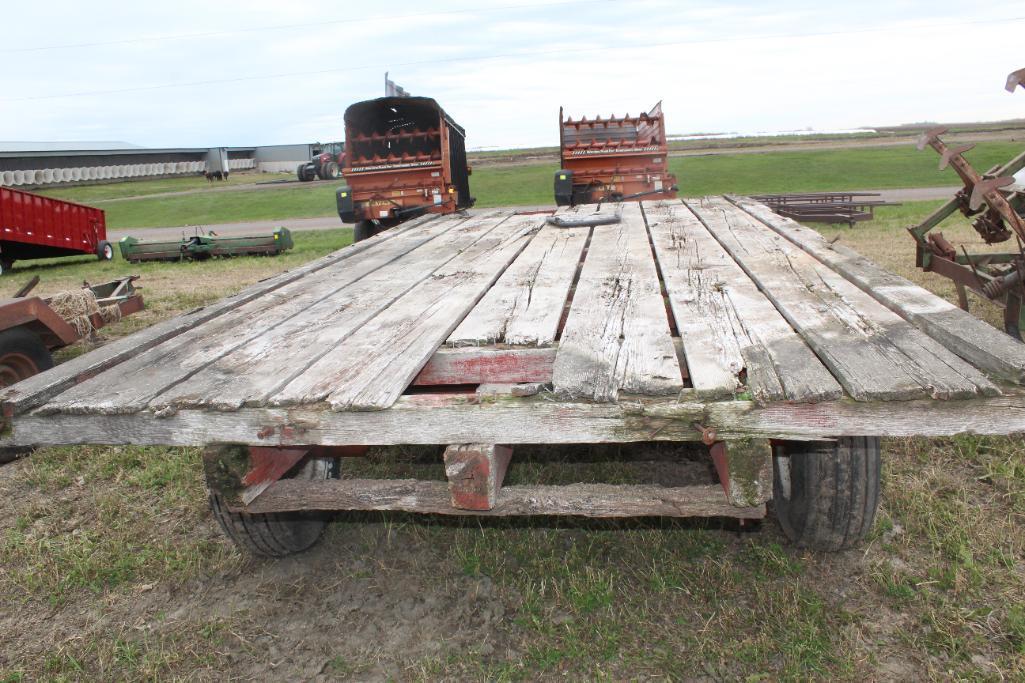 8'X16' FLAT BED WITH HUSKEE 4 WHEEL RUNNING GEAR, 15" FLOATATION TIRES, DECK NEEDS SOME REPAIR