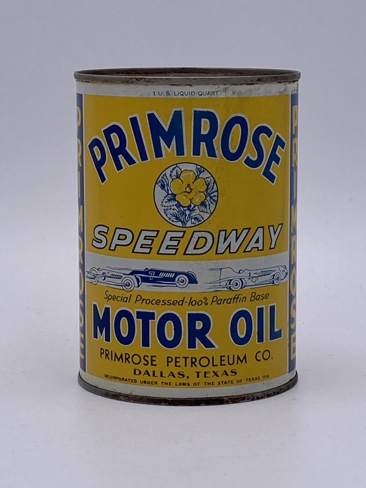 Full 1 Quart Can Primrose Speedway Motor Oil TAC 8.0