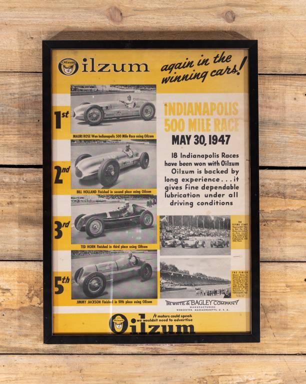 1947 Oilzum Indianapolis 500 Framed Paper Poster