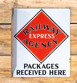 Railway Express Agency "Packages Received Here" Porcelain Flange Sign TAC 9