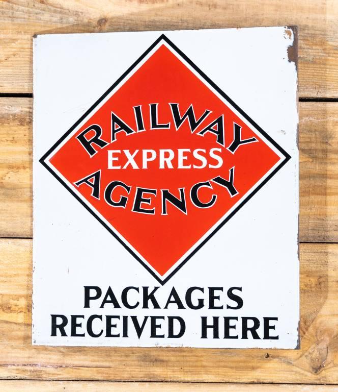 Railway Express Agency "Packages Received Here" Porcelain Flange Sign TAC 9