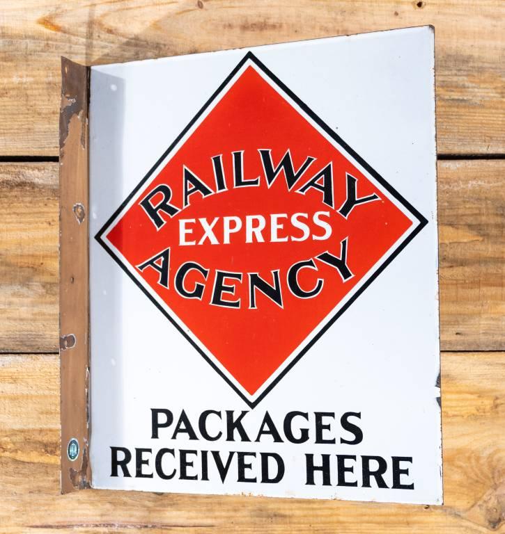 Railway Express Agency "Packages Received Here" Porcelain Flange Sign TAC 9