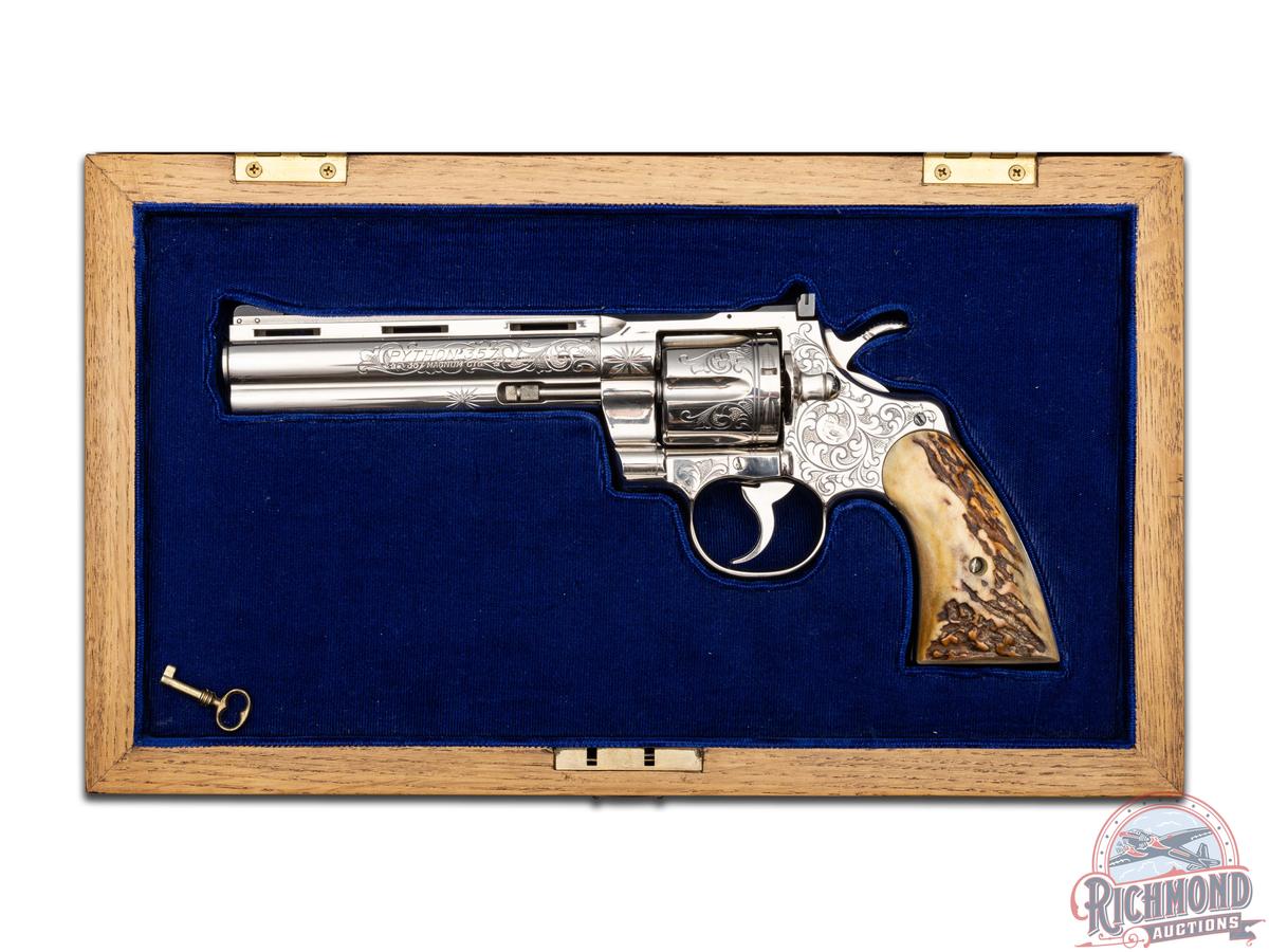 Stunning 1965 Colt Python 6" Nickel Engraved .357 Mag Revolver w/ Stag Grips & Presentation Case