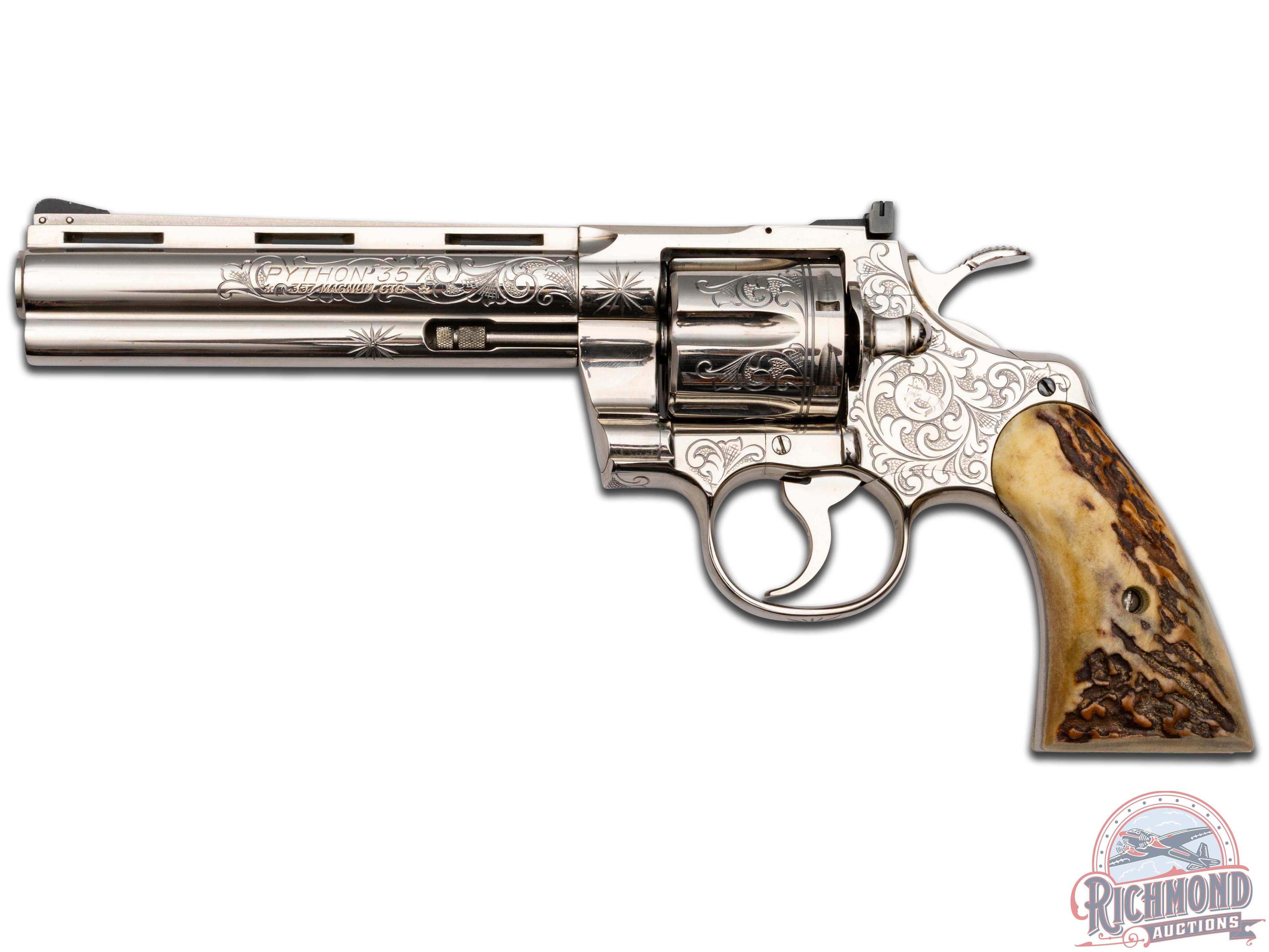 Stunning 1965 Colt Python 6" Nickel Engraved .357 Mag Revolver w/ Stag Grips & Presentation Case