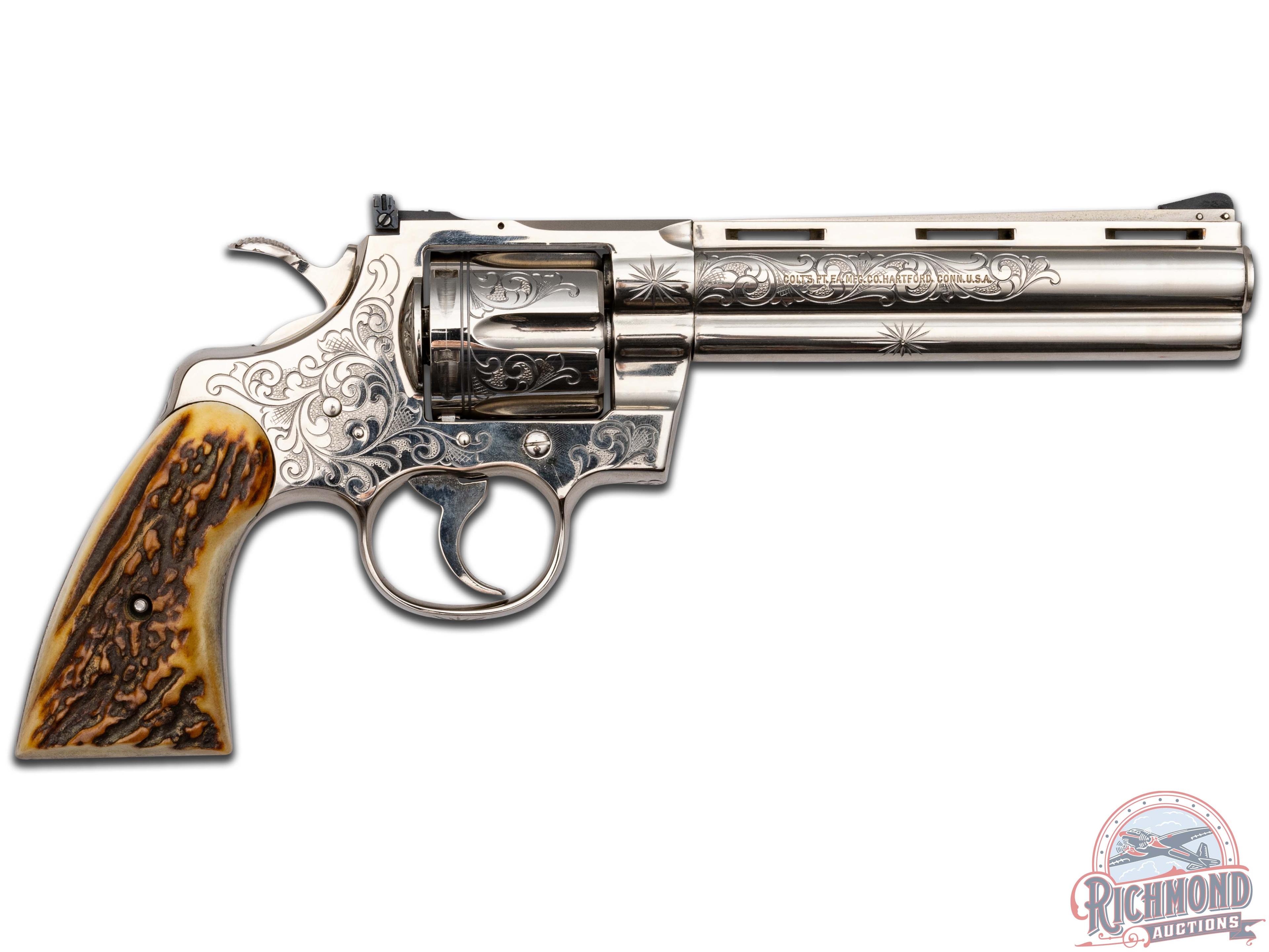 Stunning 1965 Colt Python 6" Nickel Engraved .357 Mag Revolver w/ Stag Grips & Presentation Case