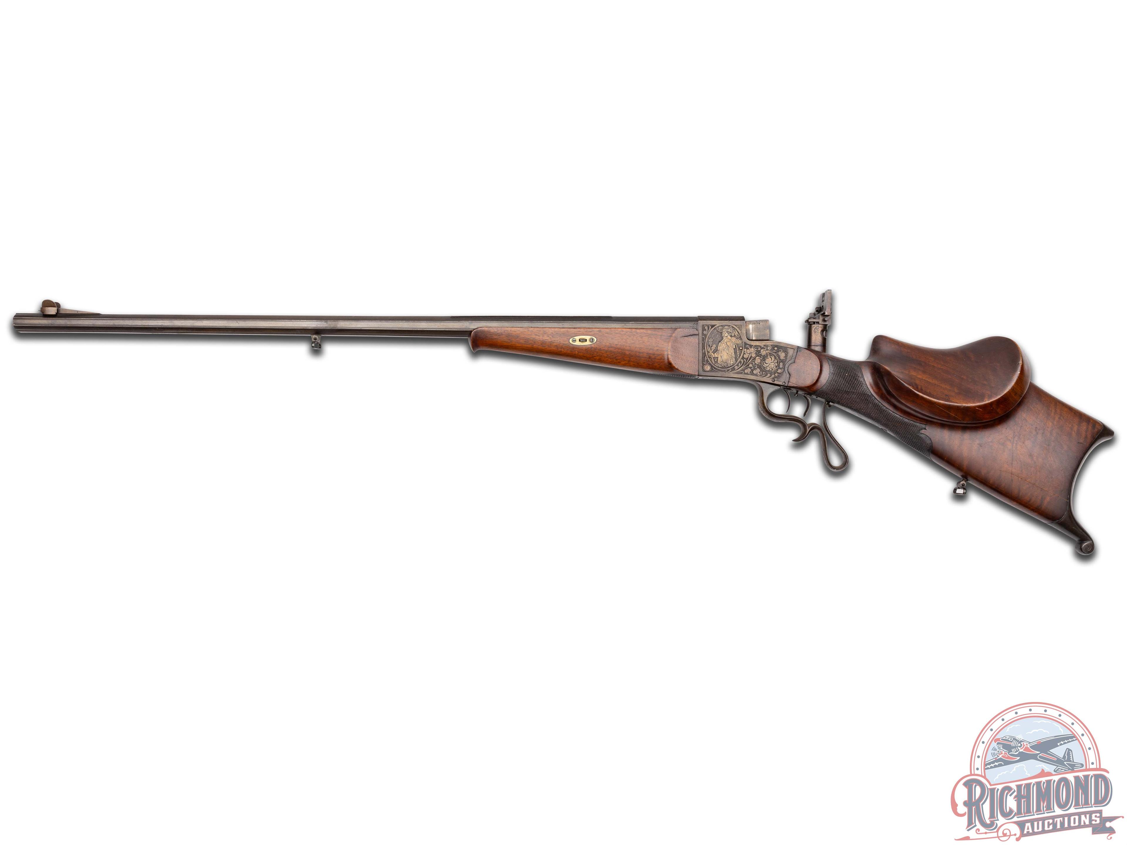 Heavily Engraved Early 20th Century German Schuetzen Falling Block Single Shot 8.15mm Rifle