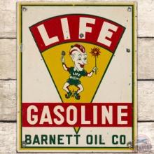Life Gasoline Barnett Oil Co. SS Tin Pump Plate Sign w/ Elf