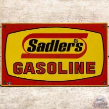 Rare Sadler's Fill Em' Fast Gasoline SS Porcelain Pump Plate Sign