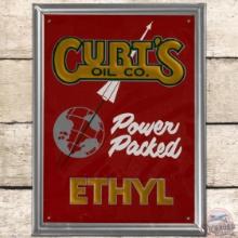 NOS Curt's Oil Co Power Packed Ethyl Emb. SST Pump Plate Sign