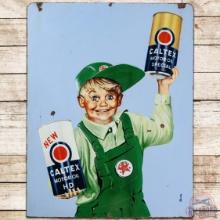 Caltex Motor Oil DS Porcelain Sign w/ Quart Cans & Boy Graphics