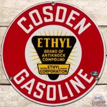 Cosden Ethyl Gasoline SS Porcelain Pump Plate Sign w/ Logo