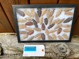 44 Nice Arrow heads in a Glass display case. 12 1/4 inches long x 8 1/4 inches wide... GREAT non Tax