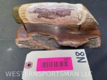 beautiful, scrimshaw of 3 Hippos on a hippo ivory tusk 7 inches long, on 8 inch wood display base Sa