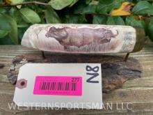beautiful, scrimshaw of Two Cape Buffaloes on a hippo ivory tusk 8 inches long, on wood display base
