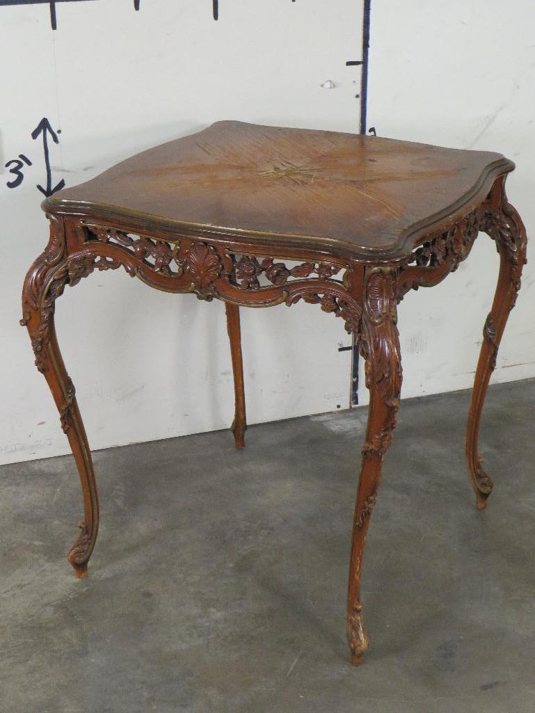 Antique French Table w/Hand Carved Legs, Top has some damage. ANTIQUE FURNITURE