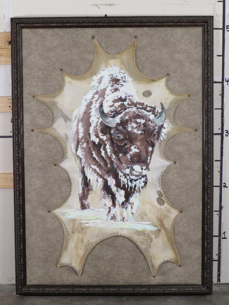 "Bison in Blizzard" by Brittany Ross, oil paint and liquid gold leaf on deer skin parchment ART