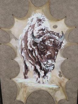 "Bison in Blizzard" by Brittany Ross, oil paint and liquid gold leaf on deer skin parchment ART