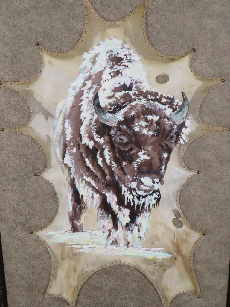 "Bison in Blizzard" by Brittany Ross, oil paint and liquid gold leaf on deer skin parchment ART