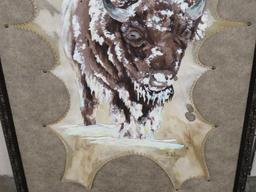 "Bison in Blizzard" by Brittany Ross, oil paint and liquid gold leaf on deer skin parchment ART