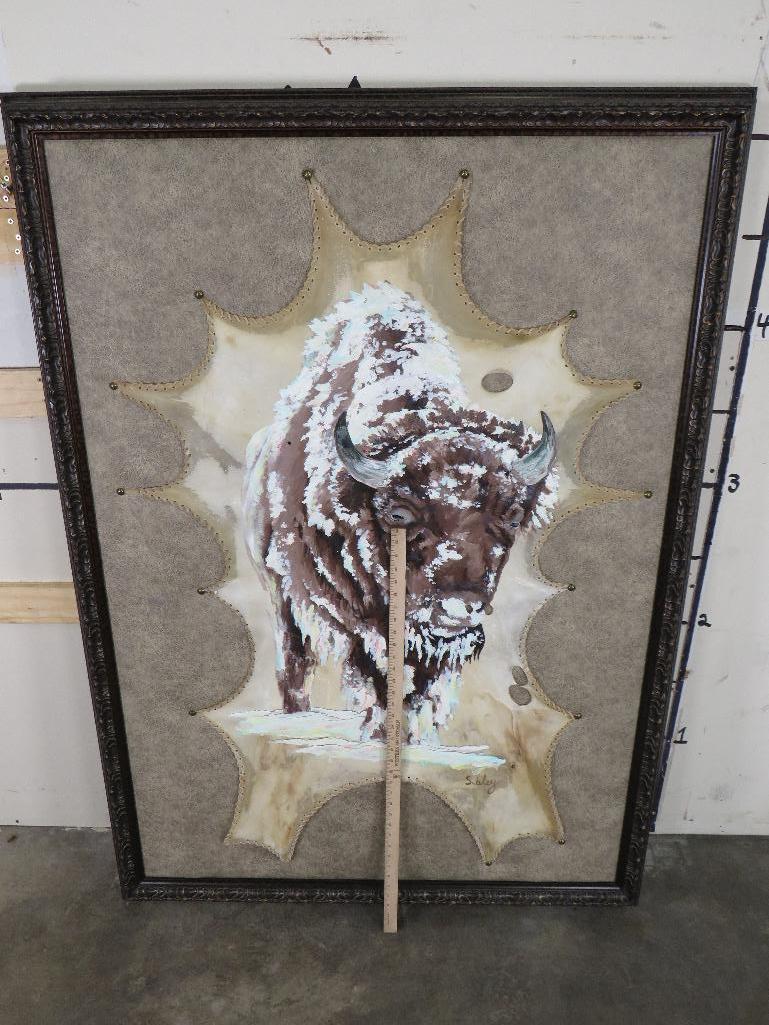 "Bison in Blizzard" by Brittany Ross, oil paint and liquid gold leaf on deer skin parchment ART