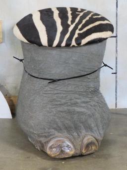 Very Nice Elephant Foot Stool w/Zebra Hide Top TAXIDERMY