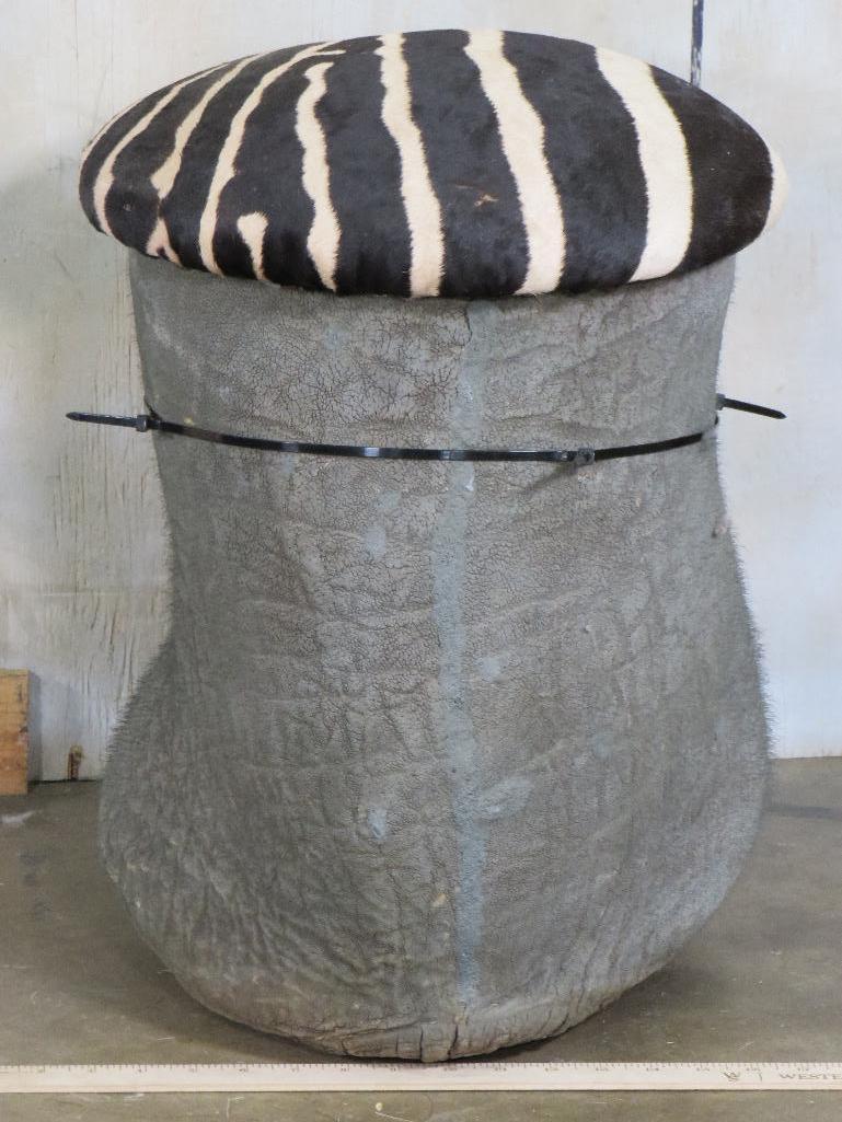 Very Nice Elephant Foot Stool w/Zebra Hide Top TAXIDERMY