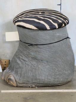 Very Nice Elephant Foot Stool w/Zebra Hide Top TAXIDERMY