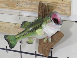 Big Real Skin Bass on Natural Wood TAXIDERMY FISH MOUNT