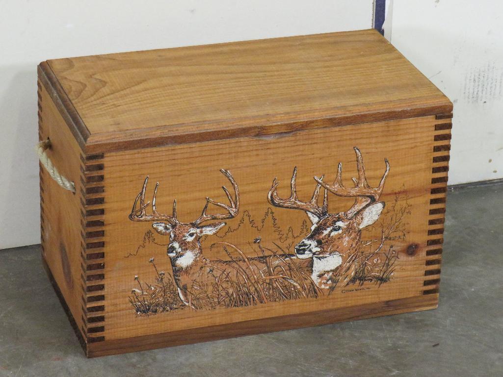 Vintage Lap Wood Ammo Crate w/Rope Handle, Whitetail Scene on Front AMMO BOX