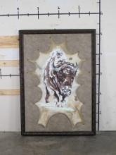 "Bison in Blizzard" by Brittany Ross, oil paint and liquid gold leaf on deer skin parchment