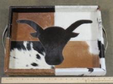 Brand New Beautiful Serving Tray Wrapped in Cowhide w/Leather Bottom & Texas Longhorn DECOR