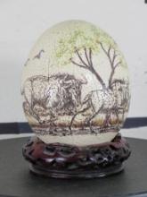 Nice Scrimshawed Ostrich Egg w/Wildebeest Scene on Stand TAXIDERMY