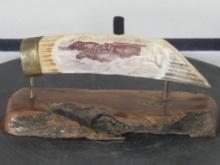 beautiful, scrimshaw of 3 Hippos on a hippo ivory tusk 7 inches long, on 8 inch wood display base Sa