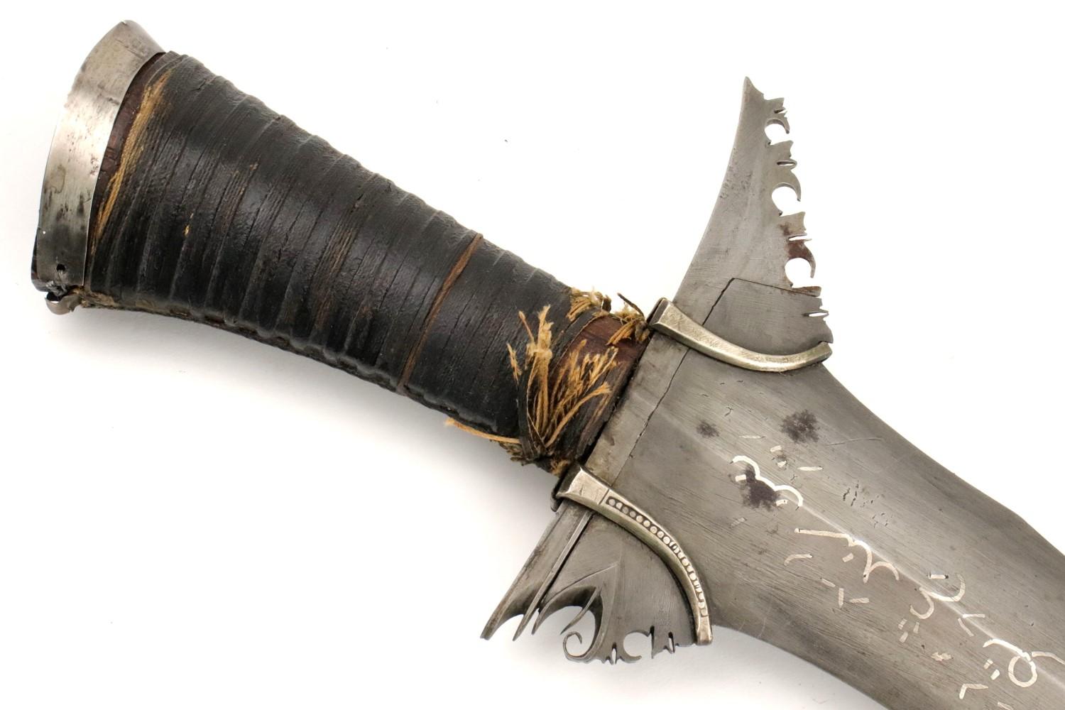 Rare 19th C. Philippine Mindanao Moro Kris Sword with Silver Inlaid Arabic Script & Presentation Nam