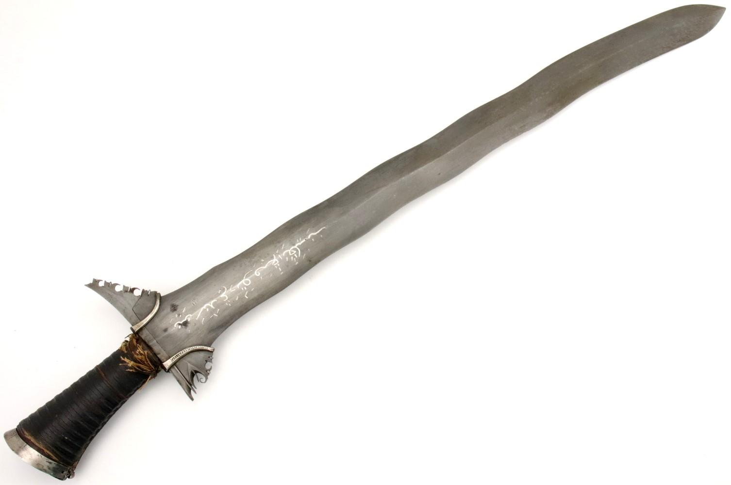 Rare 19th C. Philippine Mindanao Moro Kris Sword with Silver Inlaid Arabic Script & Presentation Nam