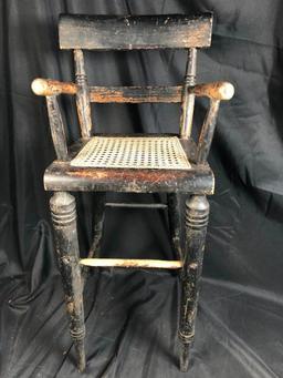 1880's-1900 Black Highchair w/Original Paint and Cane Seat, Heavy wear from childs feet!, 33 1/2"