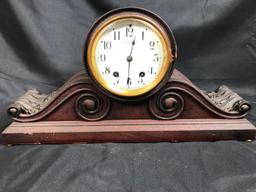 Wooden Baltimore "Fred Bucher + Sons" Mantle Clock w/Key, 20" Long x 10" Tall