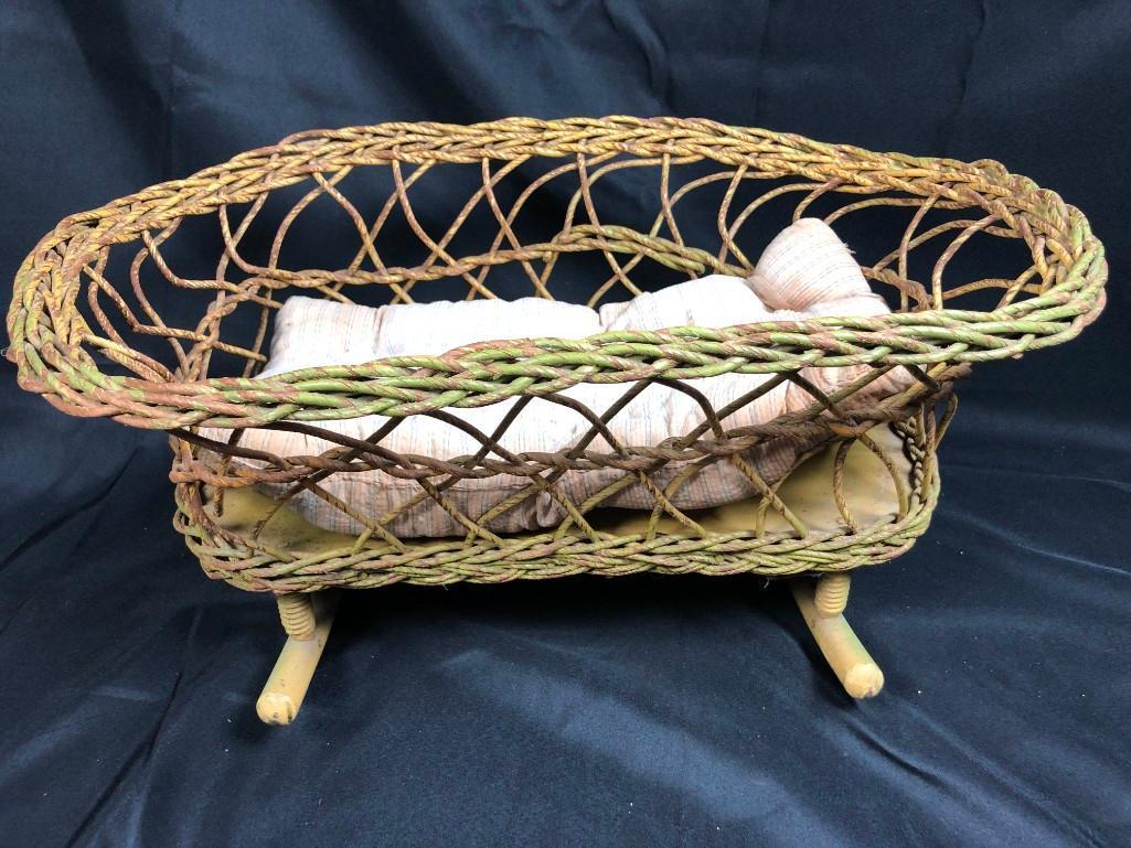 1900's Doll Craddle, Old Wicker, 22" Long x 10" Tall, Green Paint UNABLE TO SHIP