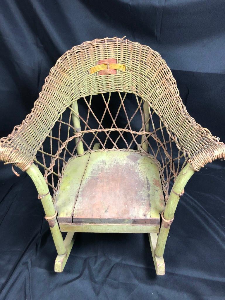 22" Childs Old Wicker Rocking Chair, Green Paint w/design, 23" Tall. UNABLE TO SHIP