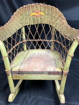 22" Childs Old Wicker Rocking Chair, Green Paint w/design, 23" Tall. UNABLE TO SHIP