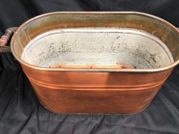 Brass Wash Tub w/Lid and Wooden Shelf, Handle Embossed "ROME"