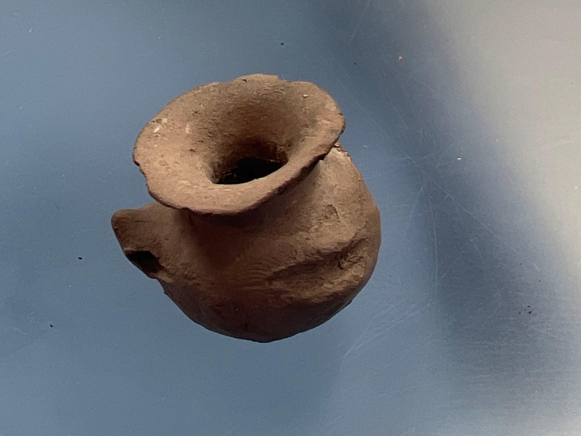 RARE Toy Clay Pottery Vessel, Mississippian Culture, Missouri, Suspension holes, 1 1/8" tall x 1 1/4