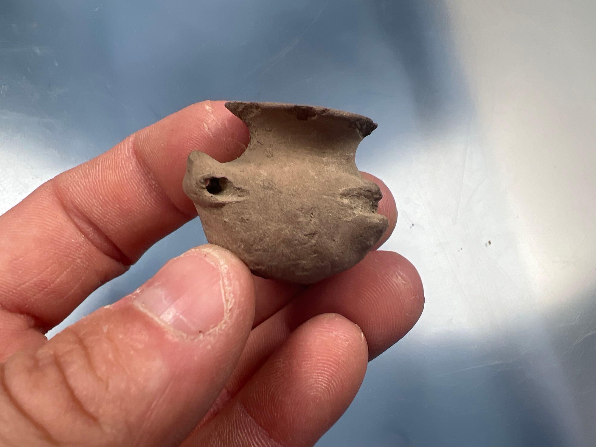 RARE Toy Clay Pottery Vessel, Mississippian Culture, Missouri, Suspension holes, 1 1/8" tall x 1 1/4