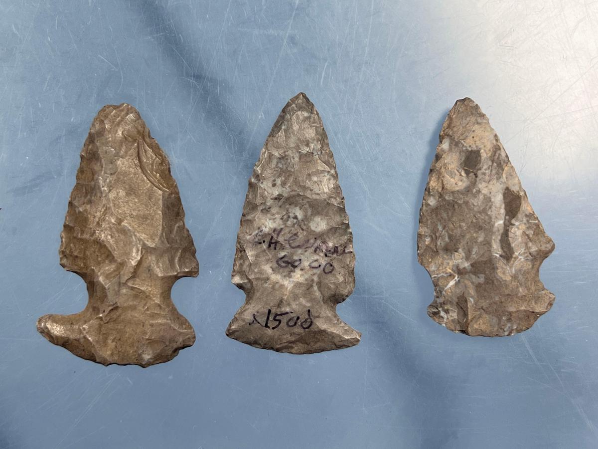 Lot of 3 Onondaga Chert Broadhead Arrowheads, Found in New York, 1 w/Specific info written on Poin